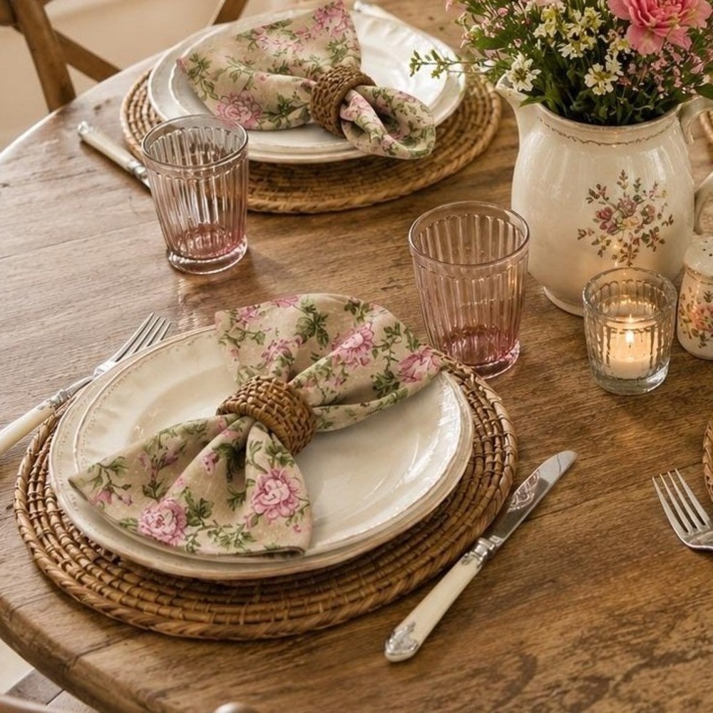 Set of 4 Vintage Floral Cloth Napkins Pink Rose Botanical Cottagecore Beige